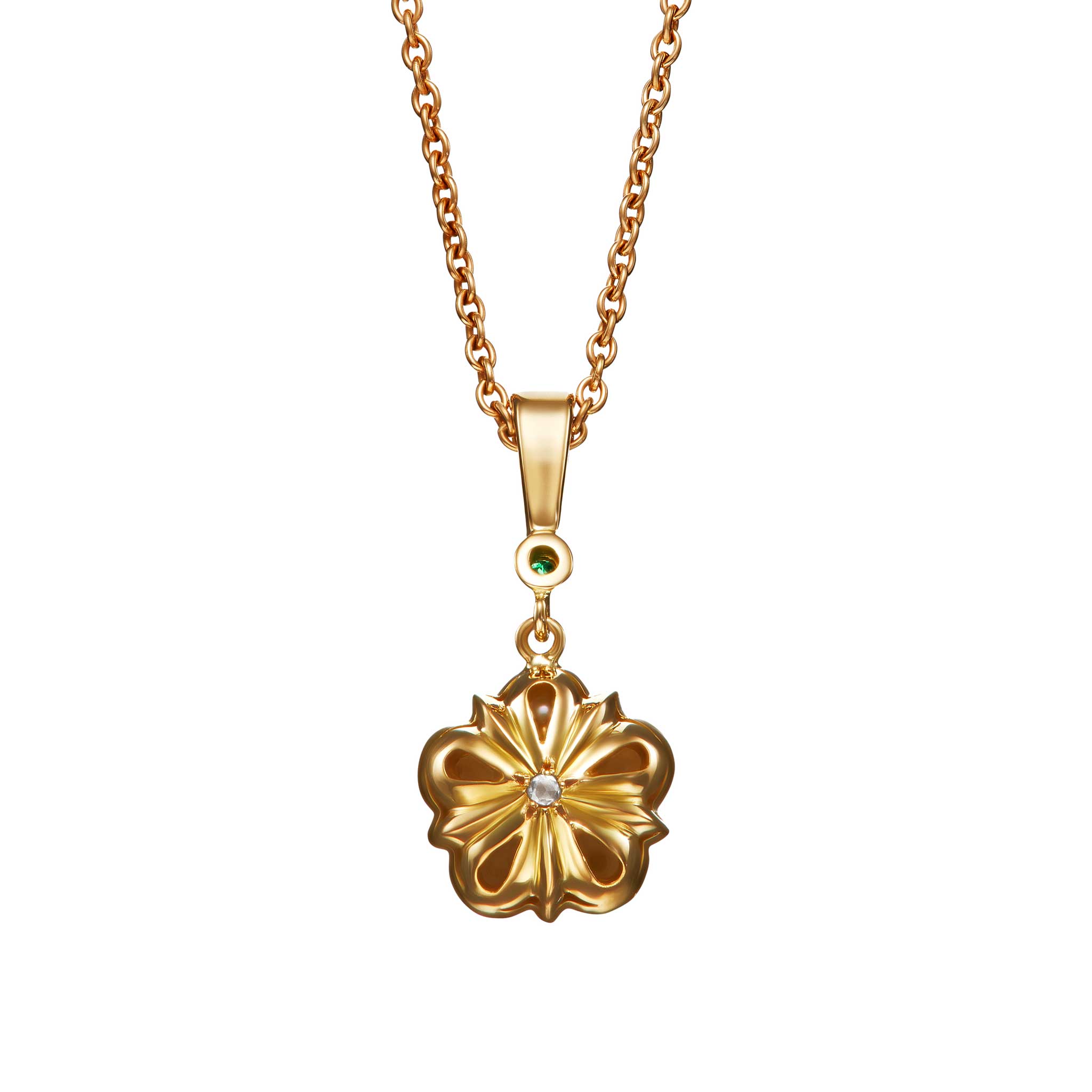 Pearl and Emerald Rose Pendant in 18ct Yellow Gold
